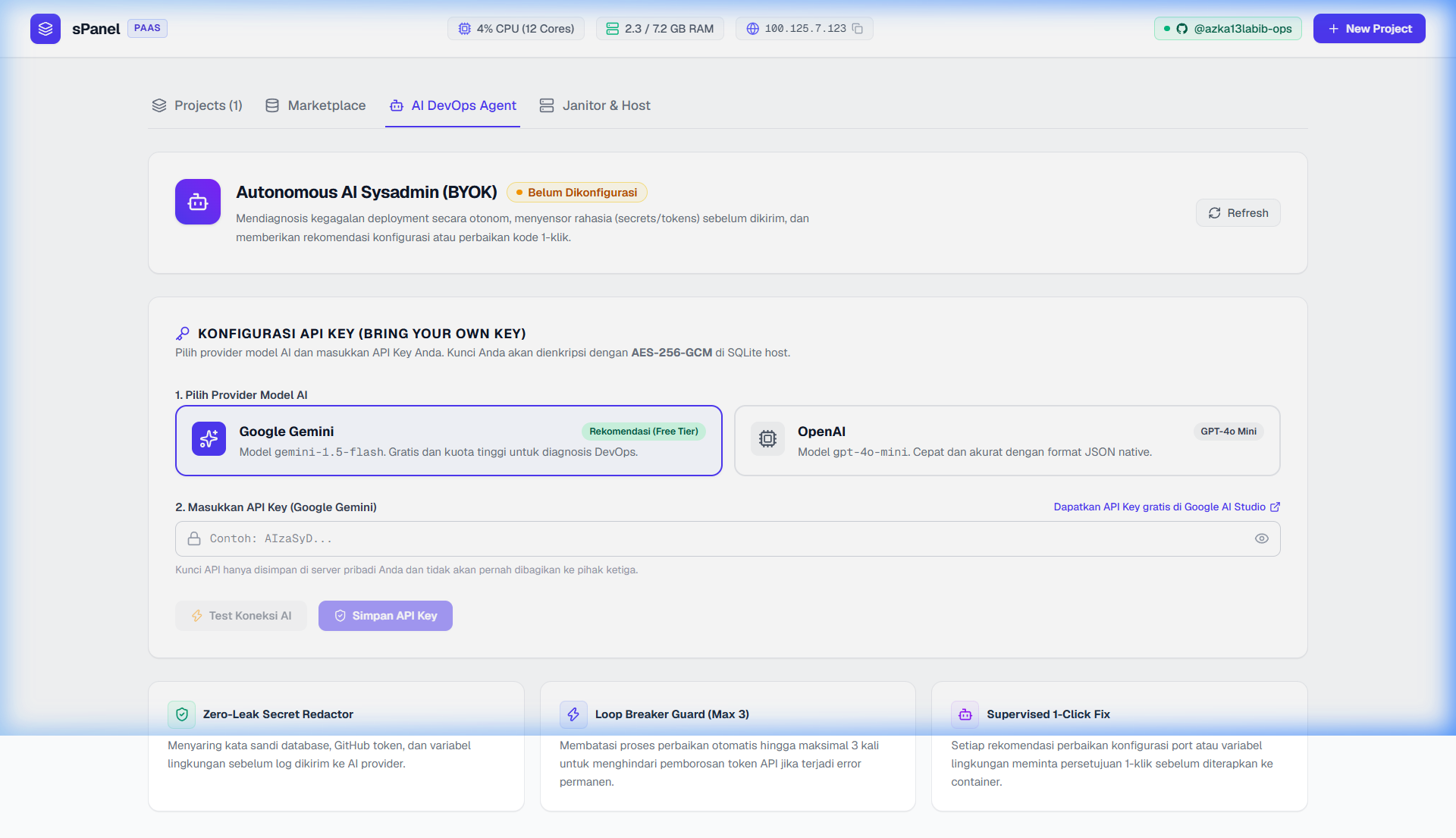 sPanel AI DevOps Assistant error diagnosis card