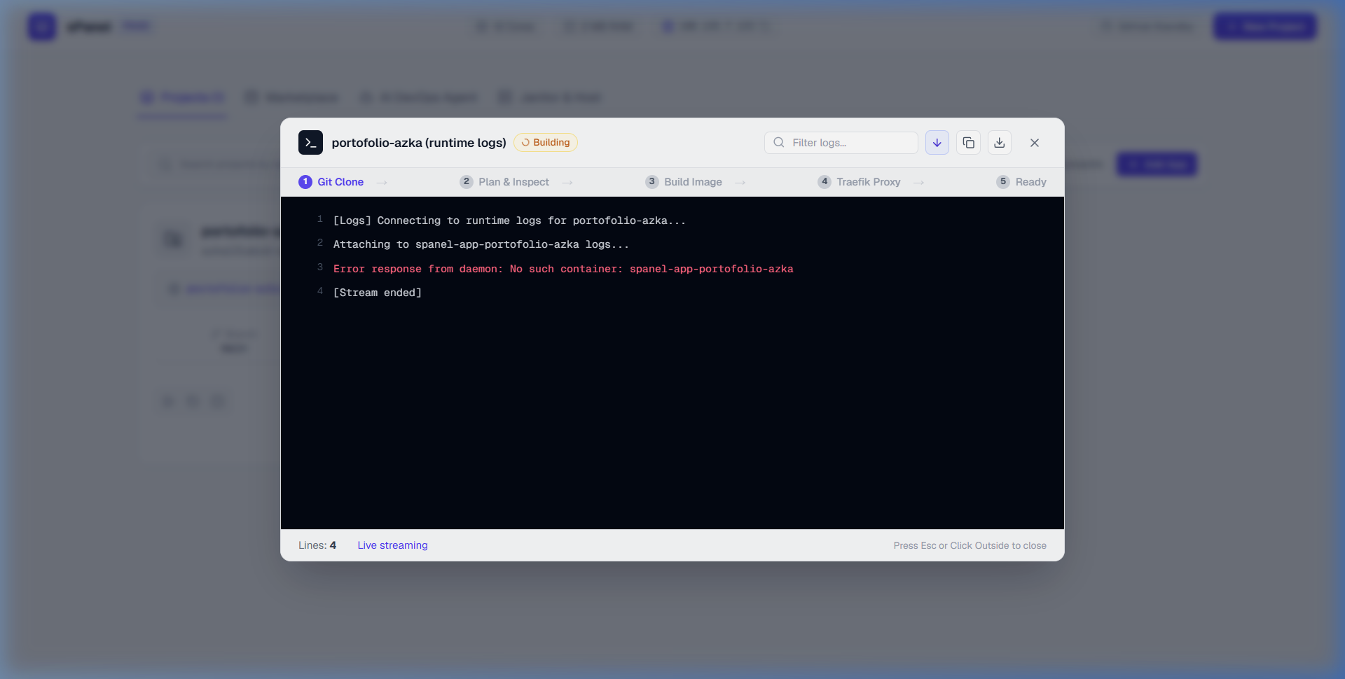 sPanel Real-time Deployment Logs and Build Stream